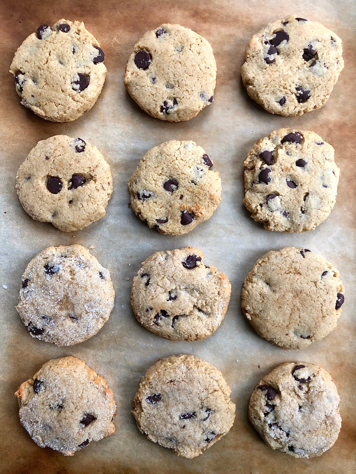 Gluten-Free Almond Flour Chocolate Chip Cookies on a baking sheet.